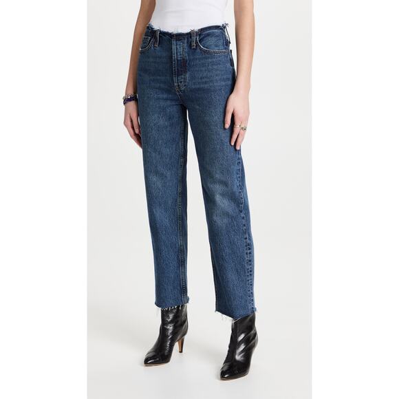 Anine Bing NWT Gavin Washed Blue Jeans Raw Hem Size 28 Straight Leg High Waist